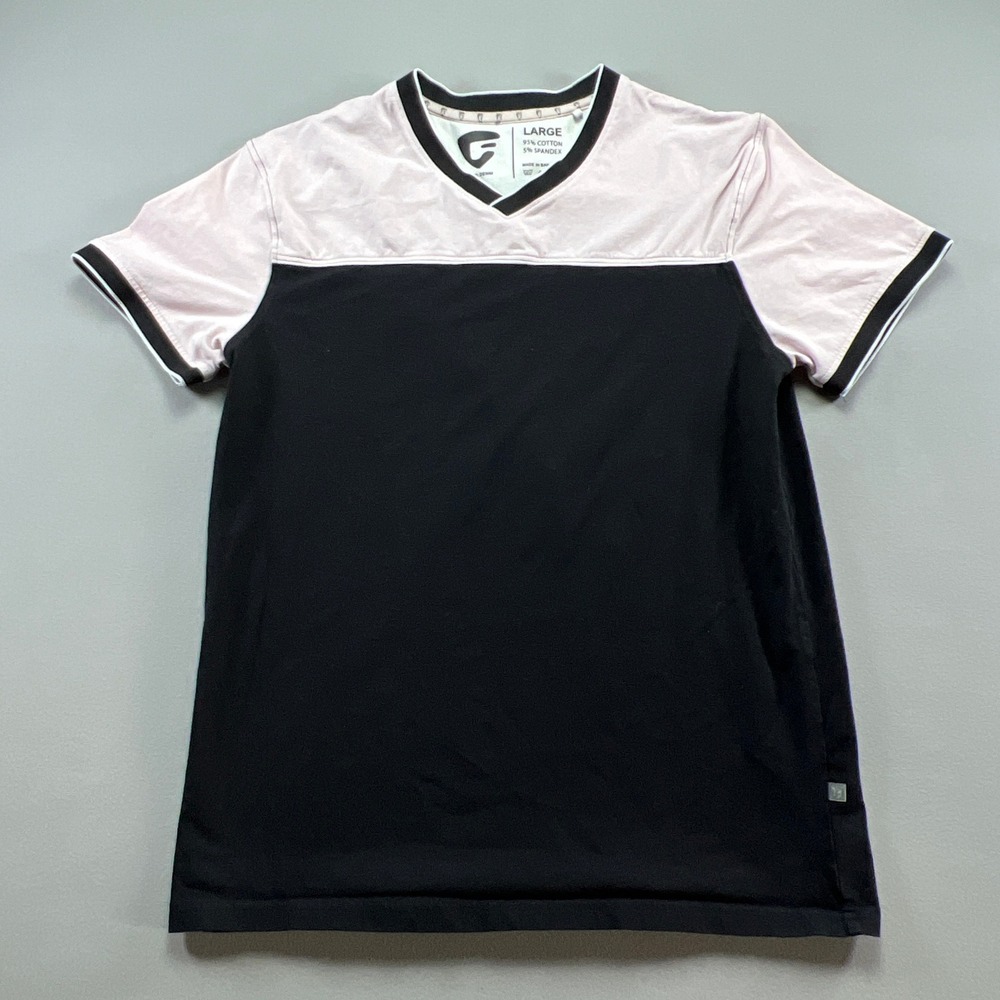 Fried Denim T Shirt Women Large Pink Black Colorblock Logo Cotton Stretch V Neck